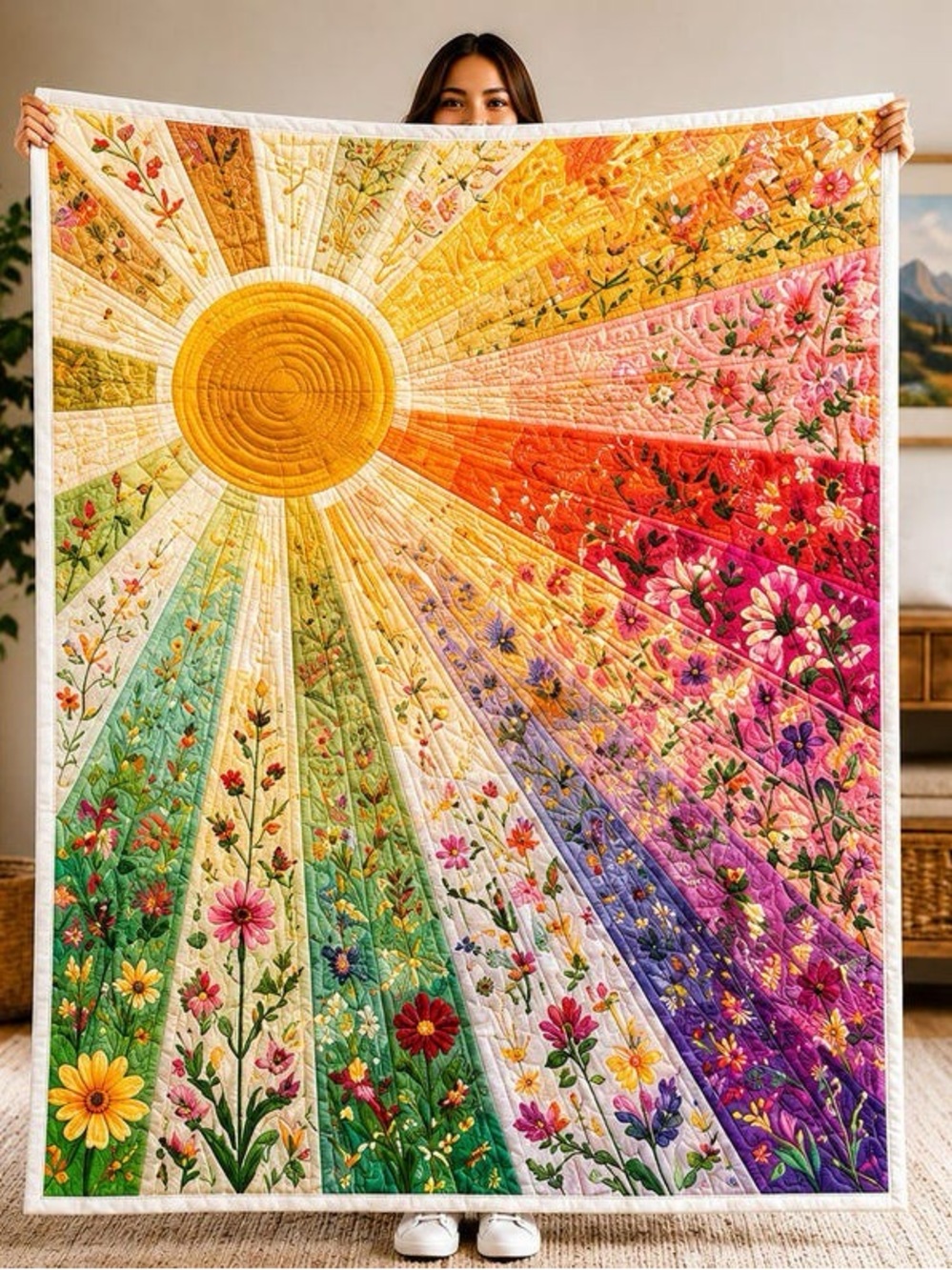 Sunrise Floral Patchwork Quilt Throw - Multi-Color